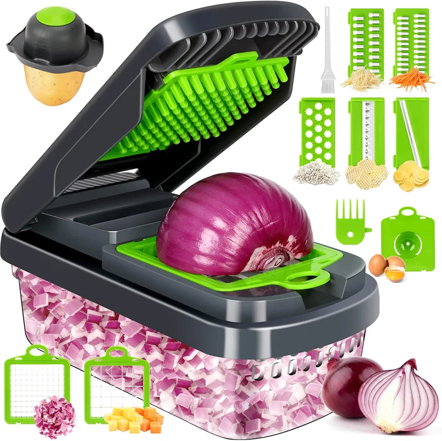Yusshn Vegetable Chopper,12-in-1 Multifunctional Food Chopper,Professional Onion Chopper with 7 Blades,Vegetable Cutter with Container for Salad,Potato,Carrot,and Garlic; Essential Kitchen Tool
