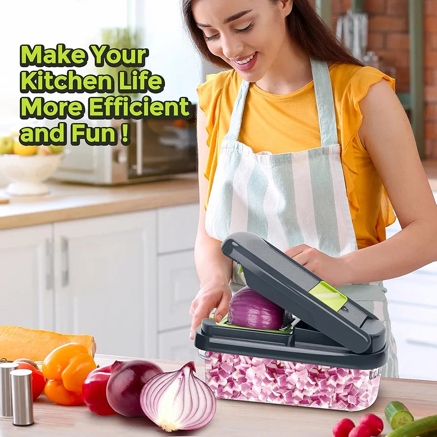Yusshn Vegetable Chopper,12-in-1 Multifunctional Food Chopper,Professional Onion Chopper with 7 Blades,Vegetable Cutter with Container for Salad,Potato,Carrot,and Garlic; Essential Kitchen Tool