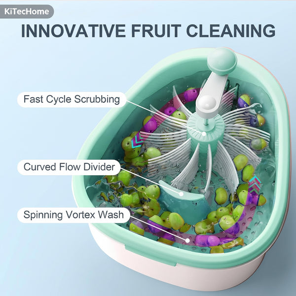 Innovative fruit cleaning device with text highlighting features on a light blue background
