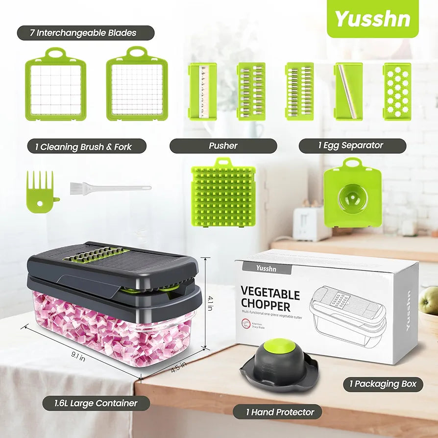 Yusshn Vegetable Chopper,12-in-1 Multifunctional Food Chopper,Professional Onion Chopper with 7 Blades,Vegetable Cutter with Container for Salad,Potato,Carrot,and Garlic; Essential Kitchen Tool
