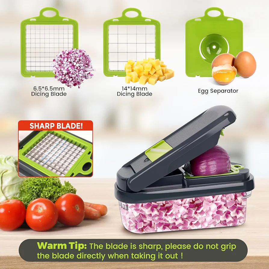 Yusshn Vegetable Chopper,12-in-1 Multifunctional Food Chopper,Professional Onion Chopper with 7 Blades,Vegetable Cutter with Container for Salad,Potato,Carrot,and Garlic; Essential Kitchen Tool
